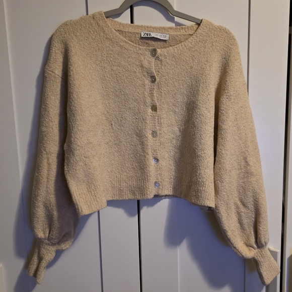 Zara Ecru Knit Cardigan Puff Sleeve Beige Size S - Picture 3 of 7